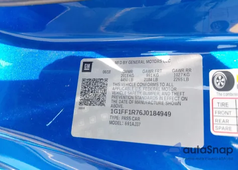 2018 Chevrolet Camaro 1Ss from USA, damaged, VIN 1G1FF1R76J0184949